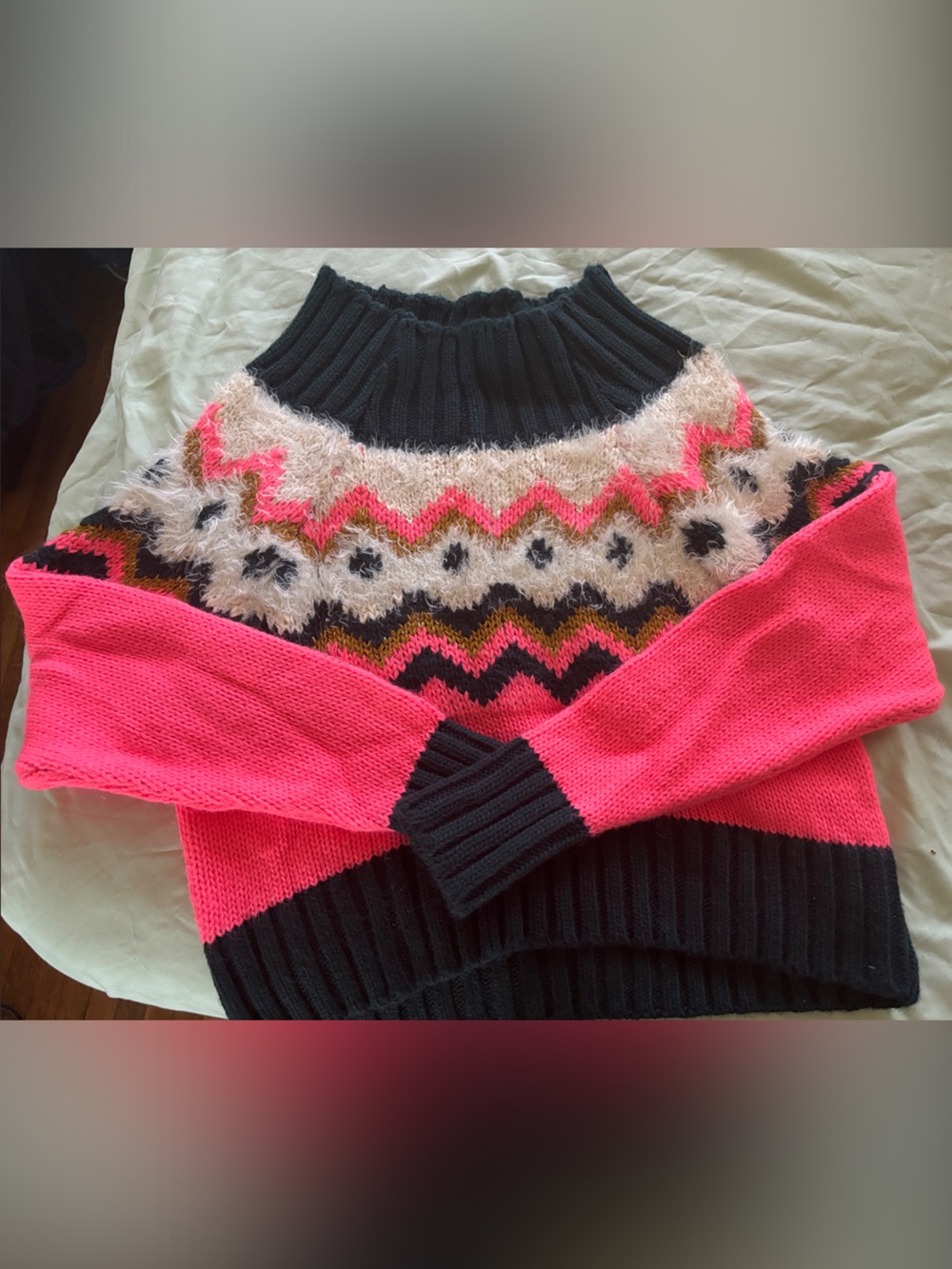 Chunky Turtleneck Sweater in Hot Pink and Black with Fair Isle Yoke